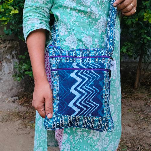 Blue  Hand-block Printed Travel Sling Bag