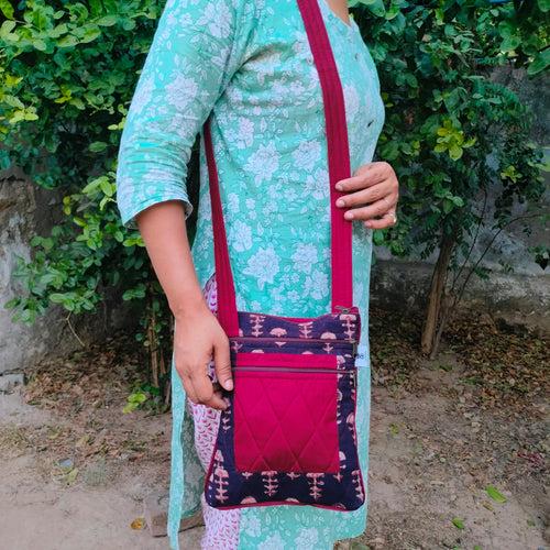 Brown & Maroon Hand-block Printed Travel Sling Bag