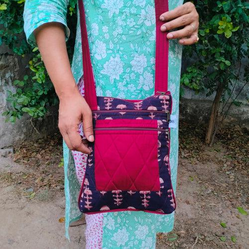 Brown & Maroon Hand-block Printed Travel Sling Bag