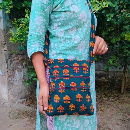 Green Hand-block Printed Travel Sling Bag