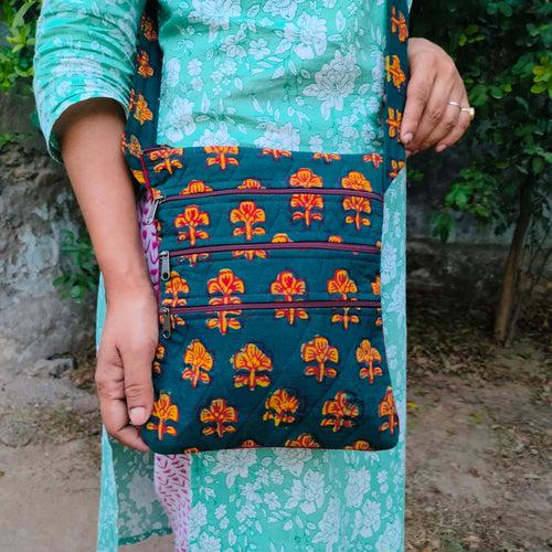 Green Hand-block Printed Travel Sling Bag