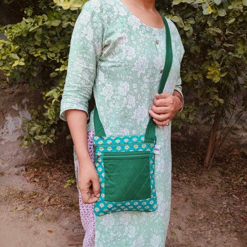 Dark Green Hand-block Printed Travel Sling Bag