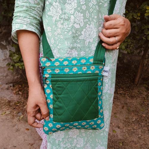 Dark Green Hand-block Printed Travel Sling Bag