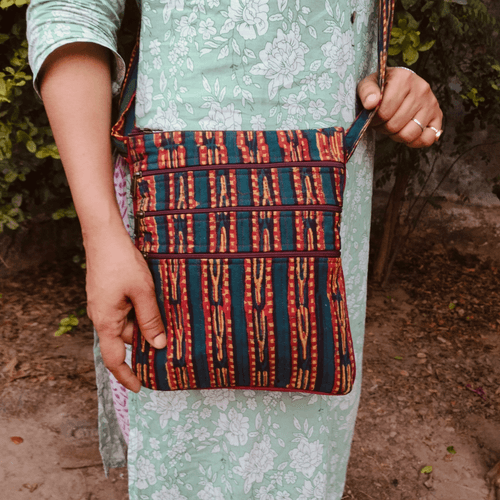 Green Zig Zag Hand-block Printed Travel Sling Bag