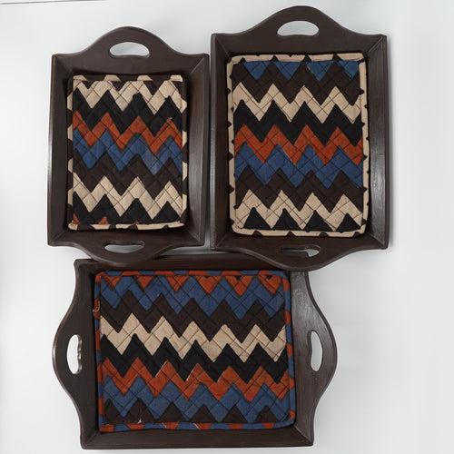 Dark Brown Wooden Tray Set - Set of 3 - Slanted Handles