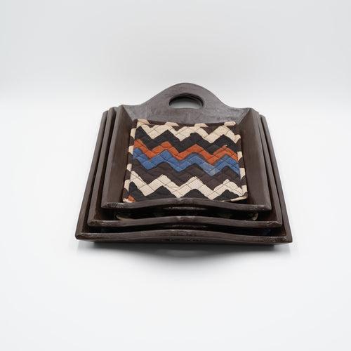 Dark Brown Wooden Tray Set - Set of 3 - Slanted Handles