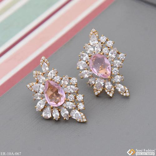 Light Pink Stone with Diamond New Style Gold Plated Earrings for Lady - Style A067