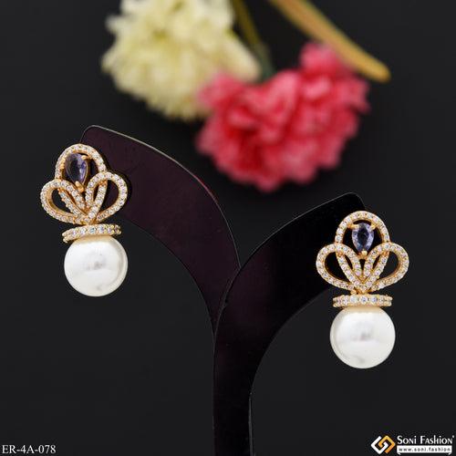 Navy Blue Stone With White Bead Designer Gold Plated Earrings for Lady - Style A078