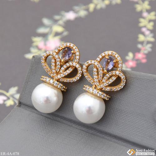 Navy Blue Stone With White Bead Designer Gold Plated Earrings for Lady - Style A078