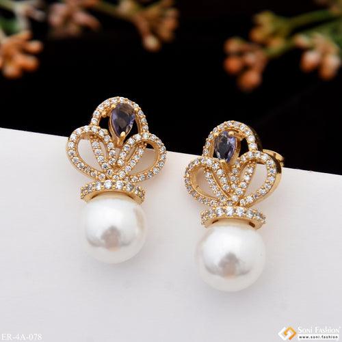 Navy Blue Stone With White Bead Designer Gold Plated Earrings for Lady - Style A078