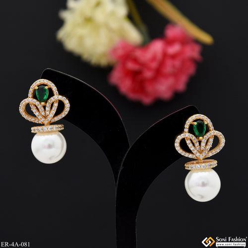 Green Stone With White Bead Cool Design Gold Plated Earrings for Lady - Style A081
