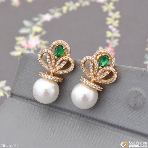 Green Stone With White Bead Cool Design Gold Plated Earrings for Lady - Style A081