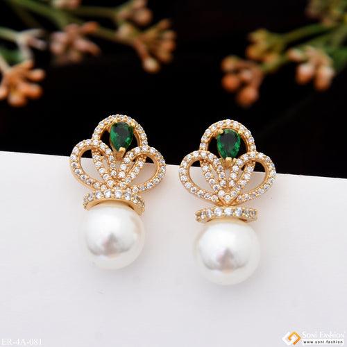 Green Stone With White Bead Cool Design Gold Plated Earrings for Lady - Style A081