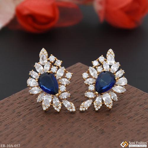 Blue Stone with Diamond Unique Design Gold Plated Earrings for Lady - Style A057