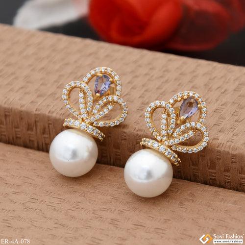 Navy Blue Stone With White Bead Designer Gold Plated Earrings for Lady - Style A078