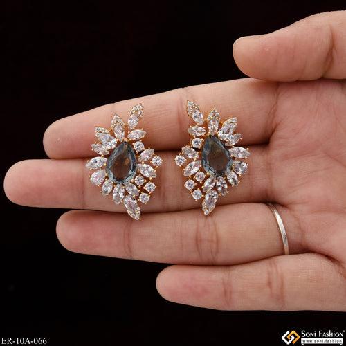 Navy Blue Stone with Diamond Fashionable Gold Plated Earrings for Lady - Style A066