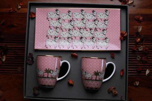 Gift Set – Pichwai Pink Cookie Plate And 2 Pink Mugs