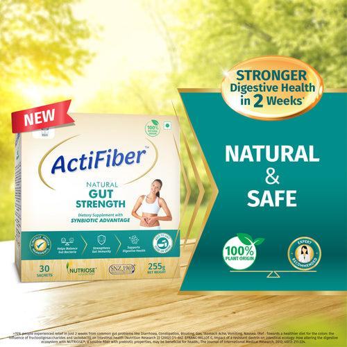 Actifiber Natural Gut Strength | Synbiotic Advantage | Prebiotics & Probiotics Supplement to Stronger Digestive Health | Effective Solution for Common Digestive problems, Gas, Constipation | (1 X 255 Gms Pack of 30 Sachets)
