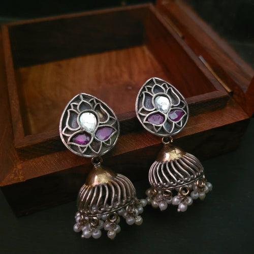 TRIBAL SILVER PLATED DUAL TONE EARRINGS