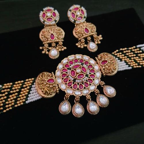 KUNDAN AND STONE CHOKER WITH EARRINGS