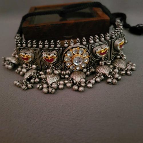 EXCLUSIVE TRIBAL SILVER PLATED POLKI KUNDAN NECKLACE WITH EARRINGS