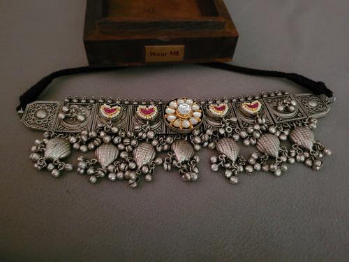 EXCLUSIVE TRIBAL SILVER PLATED POLKI KUNDAN NECKLACE WITH EARRINGS