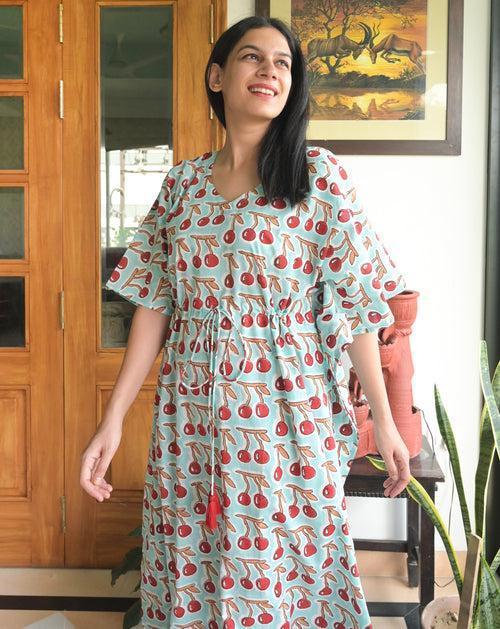 Mint Cherries Hand Block Printed Cotton Kaftan - Full Length