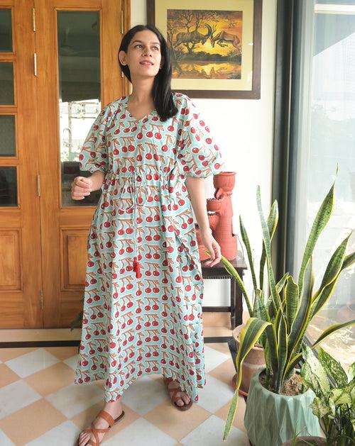 Mint Cherries Hand Block Printed Cotton Kaftan - Full Length