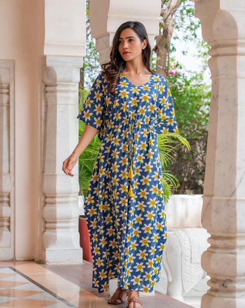 Daffodil Hand Block Printed Cotton Kaftan - Full Length