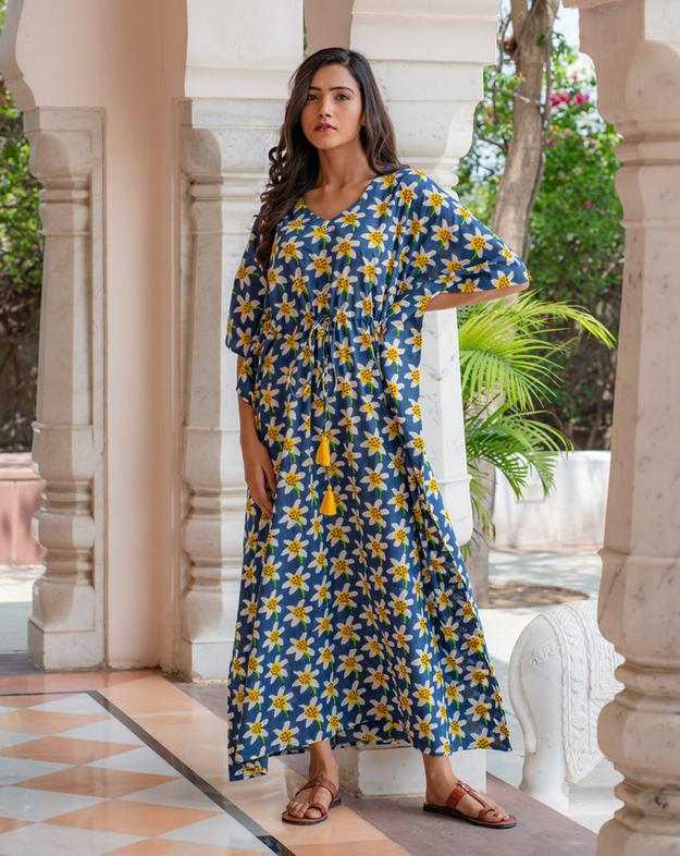 Daffodil Hand Block Printed Cotton Kaftan - Full Length