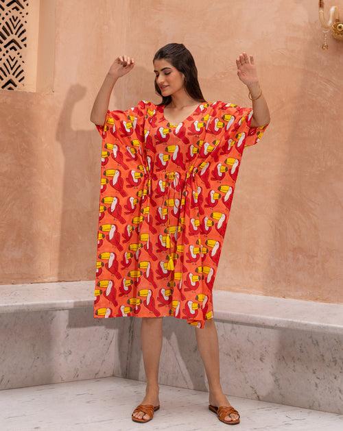 Toucan Tropical Hand Block Printed Cotton Midi Kaftan