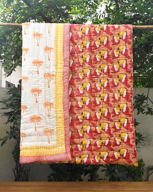 Toucan Hand Block Printed Cotton Quilt