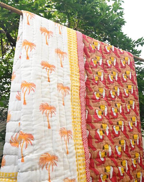 Toucan Hand Block Printed Cotton Quilt