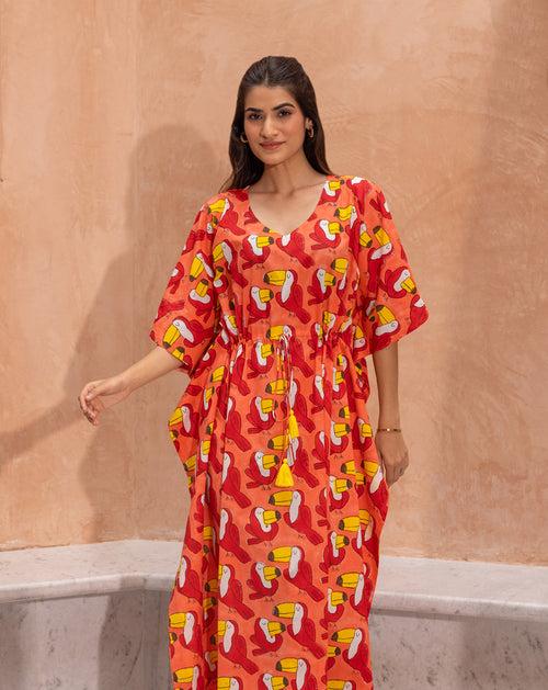 Toucan Tropical Hand Block Printed Cotton Midi Kaftan