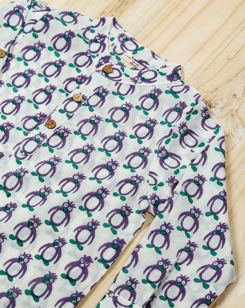 Penguin Purple Cotton Kurta Pyjama Set for Kids