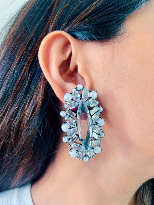 White Crystal Studded Long Studs