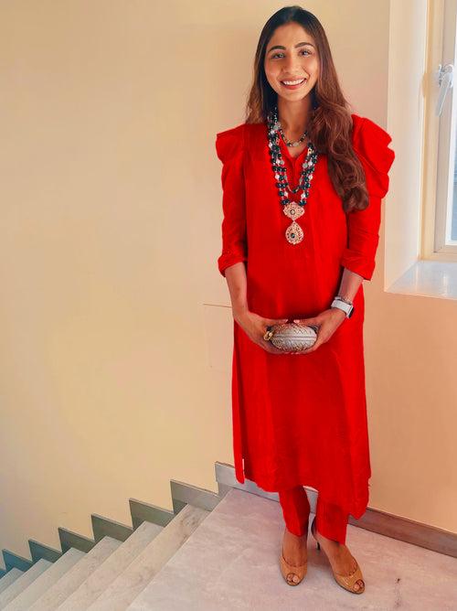 Red Puff Sleeve Kurta Set