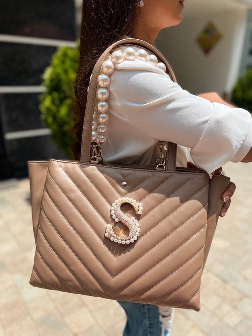 Personalized Khaki Quilted Tote Bag with Rose Gold Embellished Strap