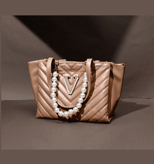 Personalized Khaki Quilted Tote Bag with Rose Gold Embellished Strap