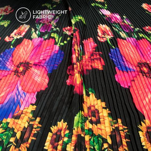 Attractive Black Floral Pleated Digital Print Crepe Satin Fabric