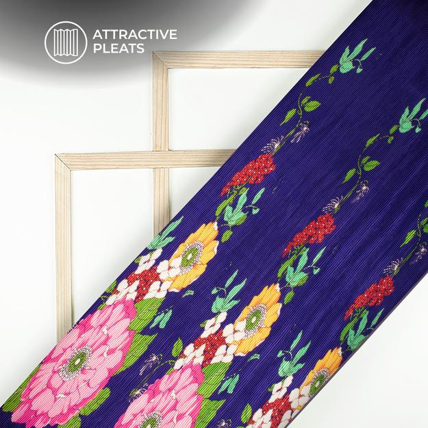 Vintage Floral Pleated Digital Print Crepe Satin Fabric