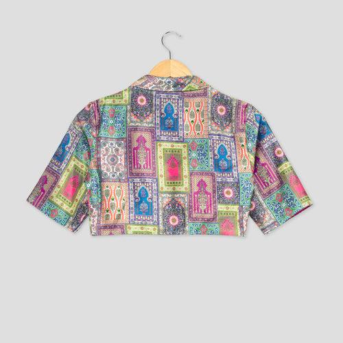 Mughal Print Collar Neck Short Sleeve Velvet Blouse