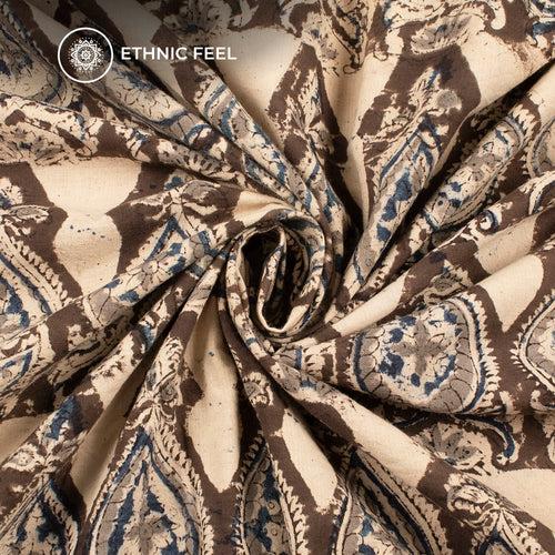 Gray And Ivory White Pattern Kalamkari Cotton Fabric