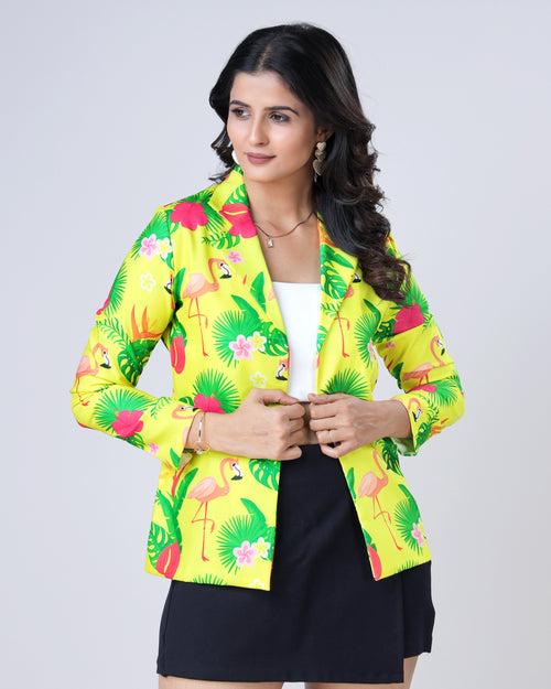 Pop Of Color: Yellow Trendy Floral Notched Collar Jacket