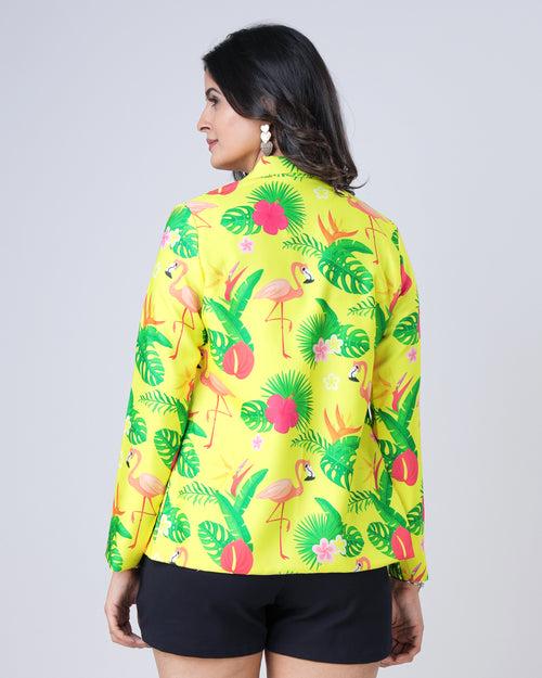 Pop Of Color: Yellow Trendy Floral Notched Collar Jacket