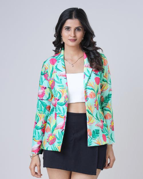 Pop Of Color: Blue And Pink Floral Notched Collar Jacket