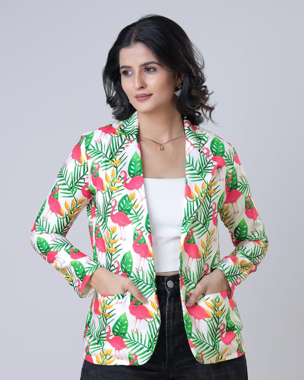 Pop Of Color: White And Green Tropical Notched Collar Jacket