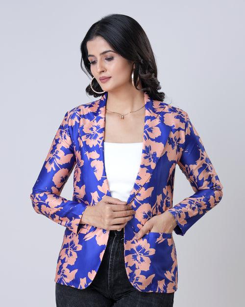 Royal Floral Notched Collar Jacket For Women