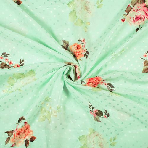 Pastel Green And Red Floral Pattern Digital Print Jacquard Booti Japan Satin Fabric (Width 58 Inches)