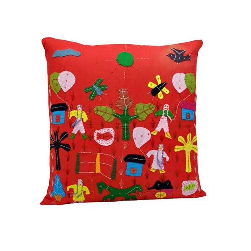 Village Scene Appliqued Cushion Cover In Red